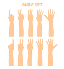 men's hands composing different gestures, showing various finger combinations, vector illustration