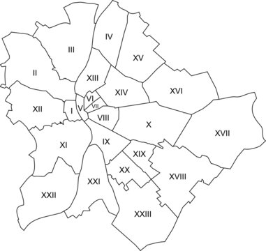 Simple white vector map with black borders and numbers of districts (ker&uuml;let) of Budapest, Hungary