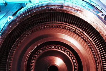 Turbine generator rotor with blades and discs, interior view.