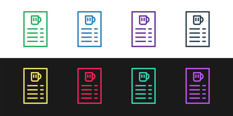 Set line Beer menu icon isolated on black and white background. Beer restaurant brochure. Vector.