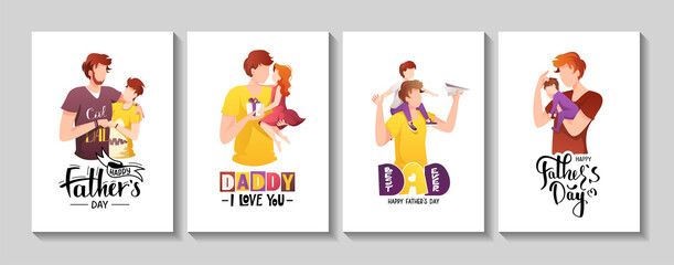 Happy Father's Day card set. Dads with their children of different ages. Calligraphy and hand drawn lettering. A4 vector illustration for card, postcard, poster, banner.
