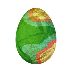 Colorful Easter Egg. Egg is decorated with golden foil with flowing liquid painted abstract patterns of green, red, mint color. Decorative element, symbol of the holiday