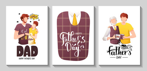 Happy Father's Day card set. Dads of different ages with their sons. Calligraphy and hand drawn lettering. A4 vector illustration for card, postcard, poster, banner.