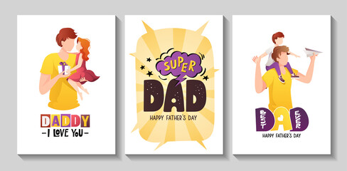 Happy Father's Day card set. Dads with their children. Calligraphy and hand drawn lettering. A4 vector illustration for card, postcard, poster, banner.
