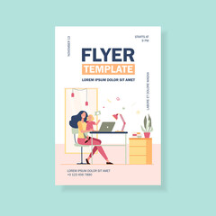 Happy mom combining freelance work and motherhood. Woman sitting at workplace at home and holding child in arms. Flat vector illustration for freelancer, mother, family and career concept