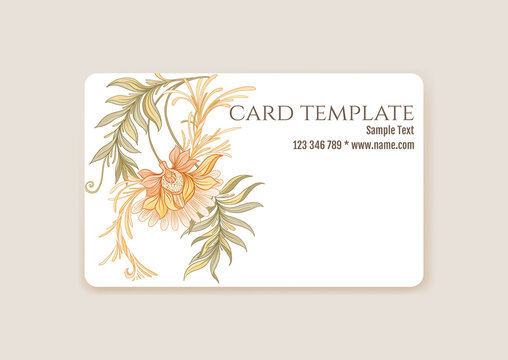 Plastic Debit Or Credit, Pass, Discount, Membership Card Template With Decorative Flowers In Art Nouveau Style, Vintage, Old, Retro Style. Vector Illustration.