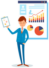 Fototapeta premium Businessman speaker giving presentation of what is blockchain technology using visual aids. Business conference meeting concept, man standing near poster with cryptocurrencies financial analytics