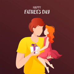 Happy Father's Day Greeting Card design. Father holding his little daughter and gift box. Hand drawn lettering. Square vector Illustration for card, postcard, poster, banner.