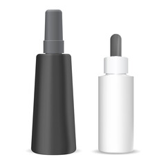 Cosmetic dropper bottle. Drop serum vial isolated packaging. Eyedropper bottle flask for essential oil liquid. Luxury plastic package with pipette. Aroma treatment product template