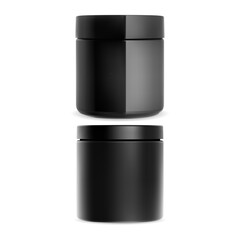 Plastic cream jar. Cosmetic cream container mockup. Black Gloss packaging for charcoalscrub, powder or wax isolated. Round facial treatment canister illustration. Gel can mock up blank