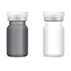 Vaccine injection bottle. Glass vaccine vial isolated. Transparent medicine ampule for liquid coronavirus treatment. Laboratory vaccination medicationinjecting, immunization equipment template