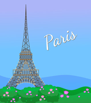 Eiffel tower in Paris, post card. Paris poster with blooming rose flowers and eiffel tower. Card with written word Paris and famous european architectural attraction. Symbol of the capital of France