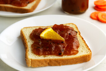 Home made carrot orange jam and ingredients