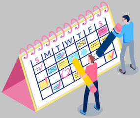 Business planning concept. Agenda reminder vector illustration. Group of employee write schedule on sticky notes. Calendar with to-do plans for week. Guys with pencils fill out their schedule