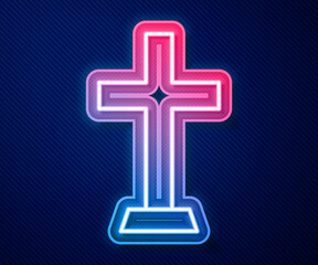 Glowing neon line Christian cross icon isolated on blue background. Church cross. Vector.