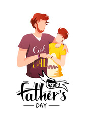 Happy Father's Day Greeting Card design. Father hugging his son. Hand drawn lettering. Vector Illustration for card, postcard, poster, banner.