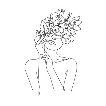 Woman Head With Flowers Line Vector Drawing. Style Template With Female Face With Flowers. Modern Minimalist Simple Linear Style. Beauty Fashion Design
