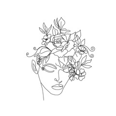 Woman Head with Flowers Line Vector Drawing. Style Template with Female Face with Flowers. Modern Minimalist Simple Linear Style. Beauty Fashion Design