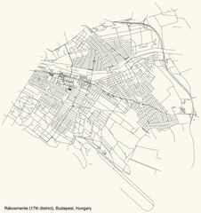 Black simple detailed street roads map on vintage beige background of the neighbourhood Rákosmente 17th district (XVII kerület) of Budapest, Hungary