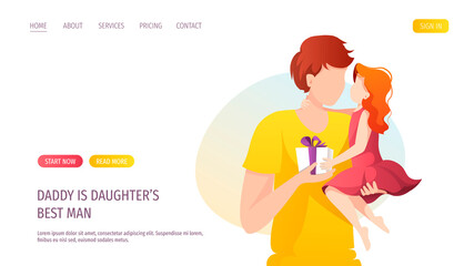 Web page design with father holding his little daughter and gift box. Fatherhood, Parenthood, Childhood, Father's Day Happy family concept. Vector Illustration for poster, banner, website.
