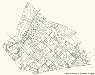 Black simple detailed street roads map on vintage beige background of the neighbourhood Zugló 14th district (XIV kerület) of Budapest, Hungary