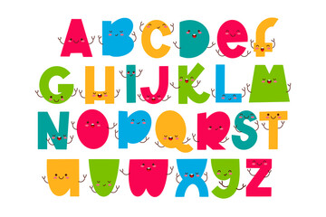 Children font in the cartoon style. Funny letters with cute faces. Colorful typography. Vector alphabet.