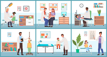 A set of illustrations about checking health status of children. Cartoon characters at the doctor s appointment. The therapist collects indicators of data to make a diagnosis. Medical service concept