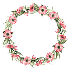 Spring round vignette of pink flowers and green leaves. Frame for decorating congratulations, design cards, etc.