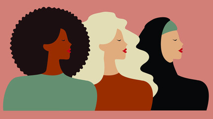 International women or mother day portrait from different nationalities and cultures. Flat isolated of confident females background. Women's empowerment movement concept. Vector illustration.