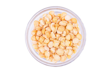 yellow peas in a transparent bowl on a white background