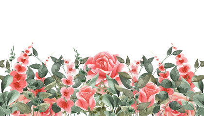 Spring background with pink roses, red flowers and green leaves. Watercolor illustration. Suitable for postcards banners, designs, etc.