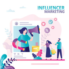 Woman with megaphone advertises product in social networks. Popular blogger attracts new subscribers with magnet