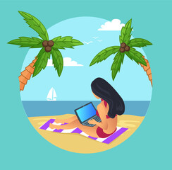 Pretty girl sits on mat near tropical sea beach with palm trees. Young woman wearing a swimsuit works on laptop computer. Theme of freelance work, vacation and travel vector flat illustration