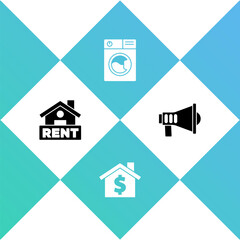 Set Hanging sign with Rent, House dollar symbol, Washer and Megaphone icon. Vector.