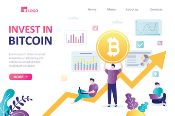 Invests in bitcoin, landing page template. Cryptocurrency market, blockchain technology. Financial analysts