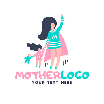 Super mother carrying her kid and baby with superhero cloak. Mother lift her children fly. Flat hand drawn logo.