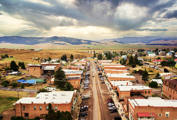 Aerial view of Broadway Street of Philipsburg, Montana, Philipsburg is a town in and the county seat of Granite County, Montana, United States. - obrazy, fototapety, plakaty