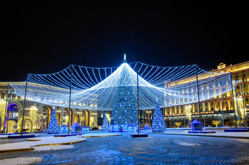 New Year and Christmas decorations on Lubyanka square, Moscow, Russian Federation, January 13, 2021