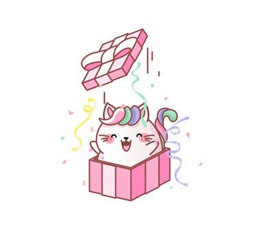 Cat Kitty kitten jump out of gift box greeting kawaii chibi Japanese style Emoji character sticker emoticon smile mascot