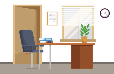 Modern workplace flat design. Office chair and office desk with stack of books in cozy room interior. Furniture and equipment for the workplace of an employee or office worker, vector interior
