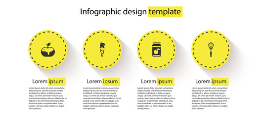 Set Apple in caramel, Ice cream waffle cone, Jam jar and Kitchen whisk. Business infographic template. Vector.