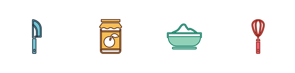 Set Knife, Jam jar, Flour bowl and Kitchen whisk icon. Vector.
