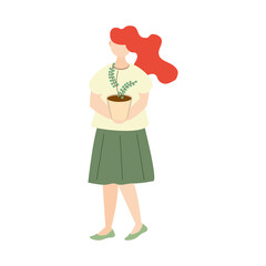 woman carrying potted plant gardening icon on white background