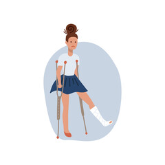 Temporarily disabled sad teenage girl with broken leg bandage cast walking using crutches. Unhappy depressed injured school teenager. Flat vector illustration isolated on white background.