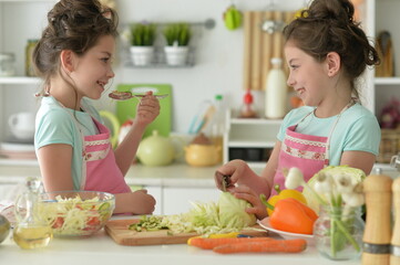 Cute girls preparing delicious fresh salad in kitchen