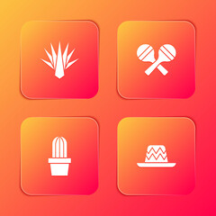 Set Agave, Maracas, Cactus or succulent in pot and Mexican sombrero icon. Vector.