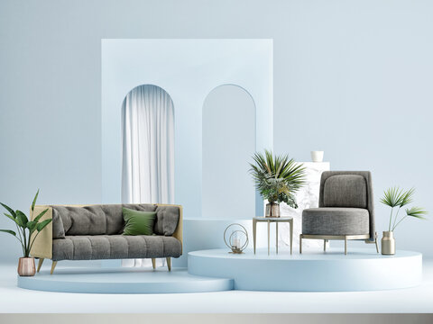 Mockup lounge podium for product presentation, blue geometry background, 3d render, 3d illustration