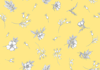 Rose hips with flowers and berries seamless pattern. Graphic drawing, engraving style. Vector illustration in Illuminating yellow and ultimate grey color