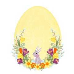 Easter wreath with bunny, eggs and flowers, illustration for postcard