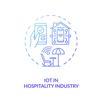 IoT In Hospitality Industry Concept Icon. New Normal Idea Thin Line Illustration. Business Travel Condition During Covid 19 Pandemic. Pandemic Adaptation. Vector Isolated Outline RGB Color Drawing.